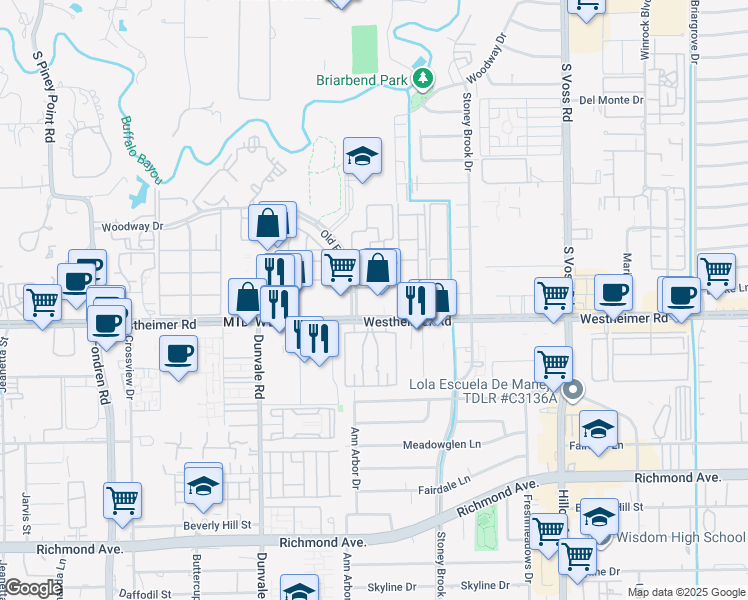 map of restaurants, bars, coffee shops, grocery stores, and more near 8092 Westheimer Road in Houston