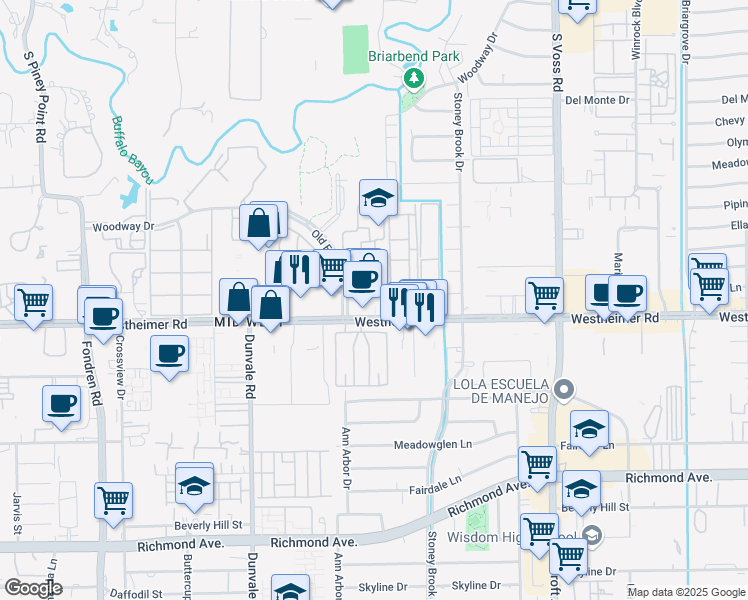 map of restaurants, bars, coffee shops, grocery stores, and more near 8092 Westheimer Road in Houston