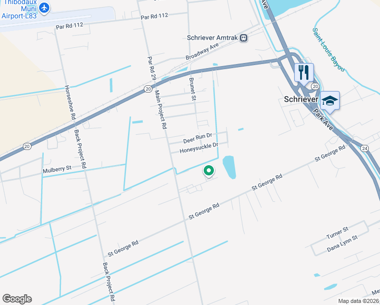 map of restaurants, bars, coffee shops, grocery stores, and more near 100-198 Deer Run Drive in Schriever