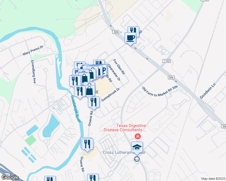 map of restaurants, bars, coffee shops, grocery stores, and more near 1739 Sunnybrook Drive in New Braunfels