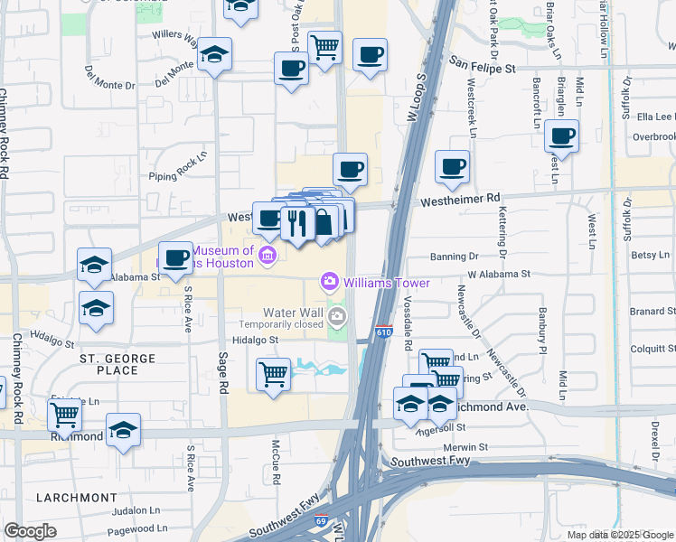 map of restaurants, bars, coffee shops, grocery stores, and more near 2700 Post Oak Boulevard in Houston