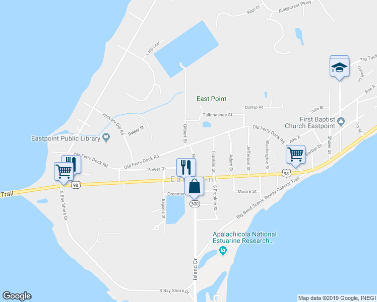 map of restaurants, bars, coffee shops, grocery stores, and more near 240 Old Ferry Dock Road in Eastpoint