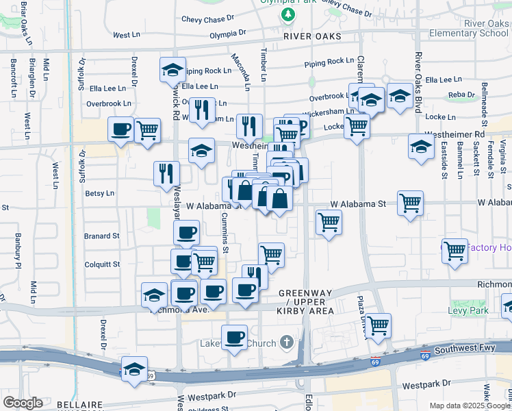 map of restaurants, bars, coffee shops, grocery stores, and more near W Alabama St & Timmons Ln in Houston