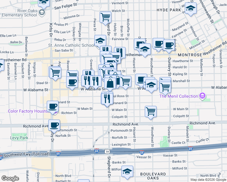 map of restaurants, bars, coffee shops, grocery stores, and more near 3001S Shepherd Drive in Houston