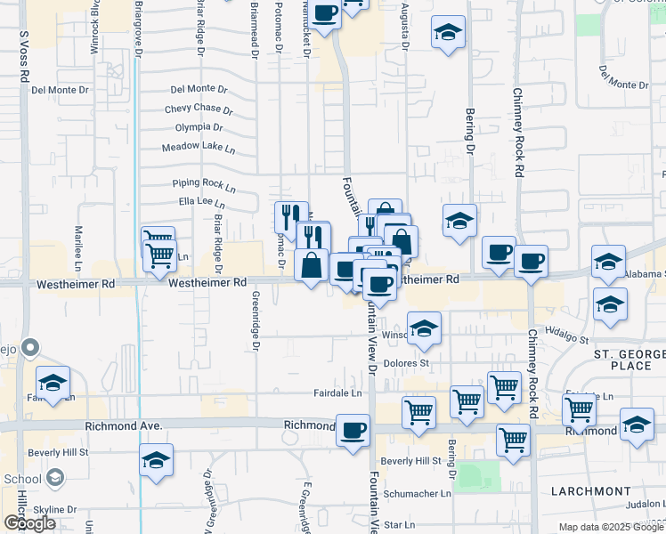 map of restaurants, bars, coffee shops, grocery stores, and more near 2660 Fountain View Drive in Houston