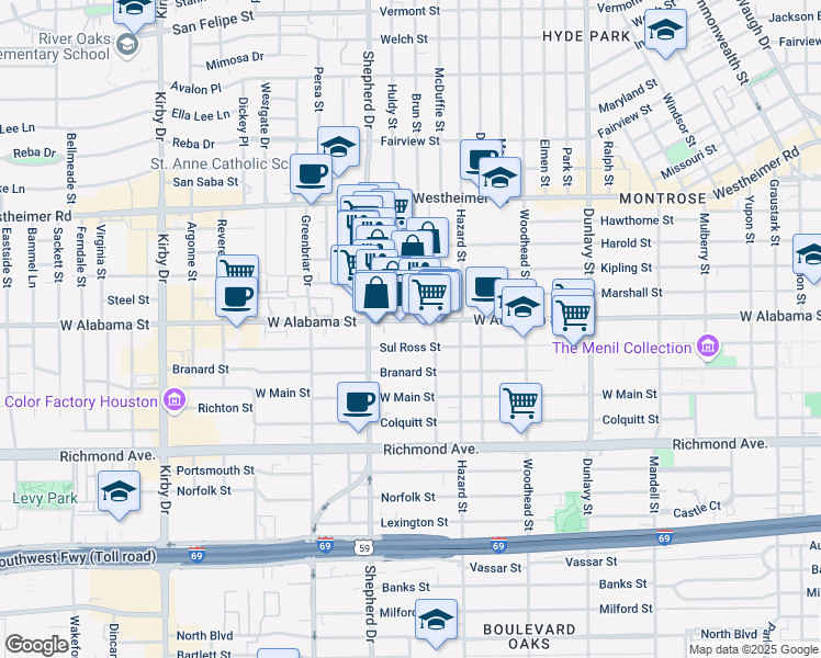 map of restaurants, bars, coffee shops, grocery stores, and more near 2019 Marshall Street in Houston