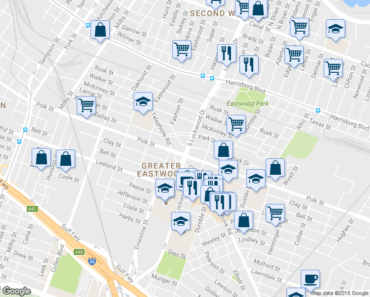 map of restaurants, bars, coffee shops, grocery stores, and more near 4602 Park Drive in Houston