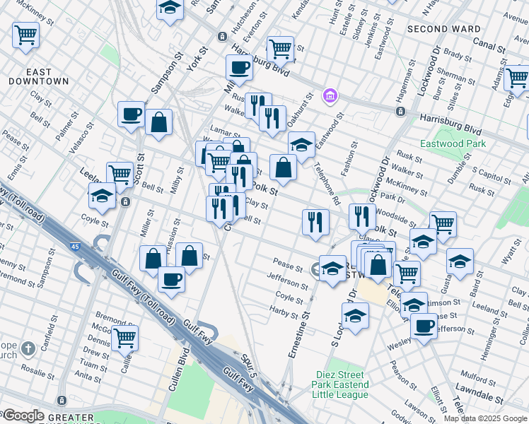 map of restaurants, bars, coffee shops, grocery stores, and more near 1305 Sidney Street in Houston