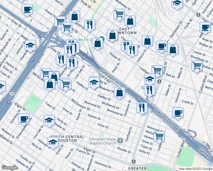 map of restaurants, bars, coffee shops, grocery stores, and more near 3115 Gray Street in Houston