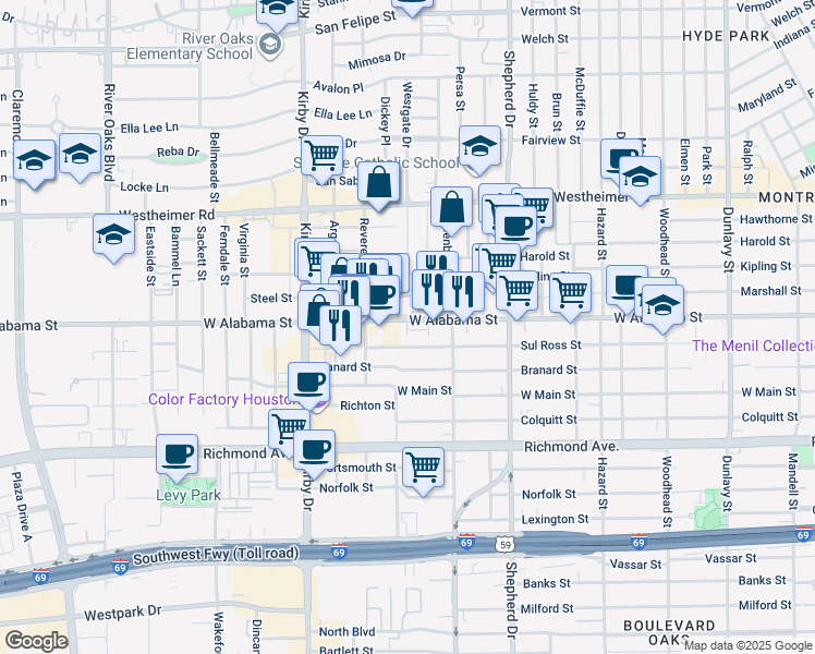 map of restaurants, bars, coffee shops, grocery stores, and more near 2305 Steel Street in Houston