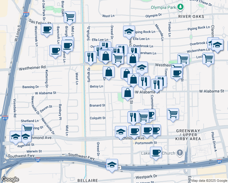 map of restaurants, bars, coffee shops, grocery stores, and more near 3919 Essex Lane in Houston