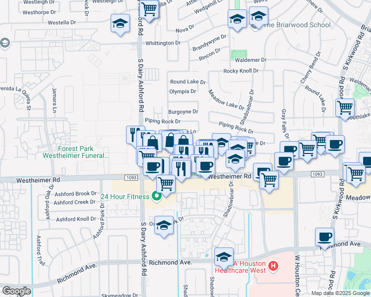 map of restaurants, bars, coffee shops, grocery stores, and more near 12515 Ella Lee Lane in Houston