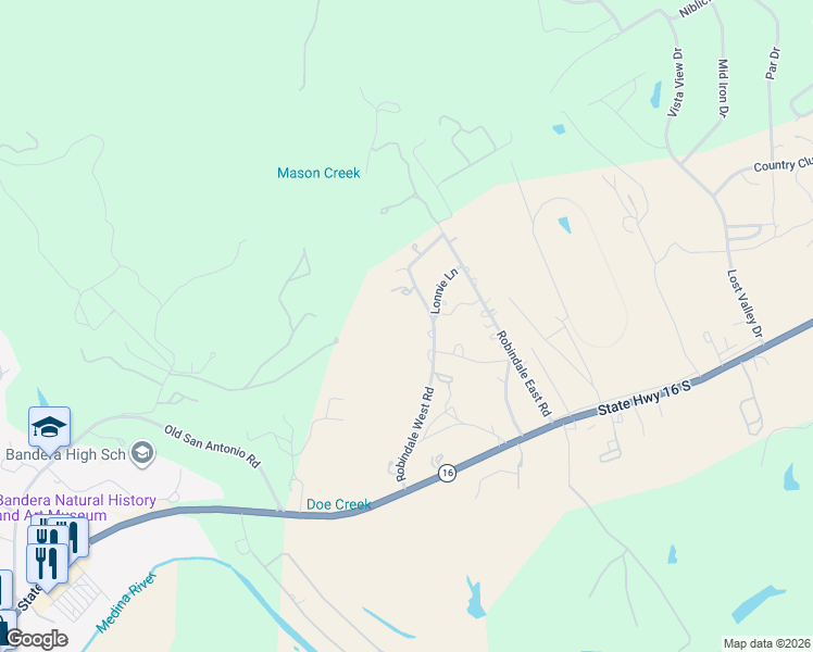 map of restaurants, bars, coffee shops, grocery stores, and more near 595 Robindale West Road in Bandera