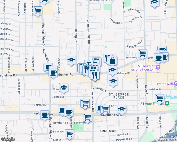 map of restaurants, bars, coffee shops, grocery stores, and more near 5704 Westheimer Road in Houston