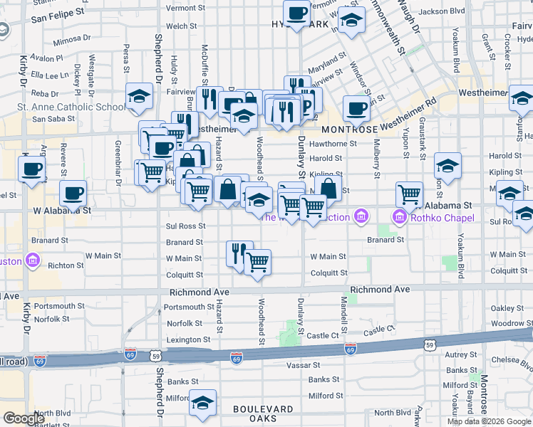 map of restaurants, bars, coffee shops, grocery stores, and more near 3704 Woodhead Street in Houston