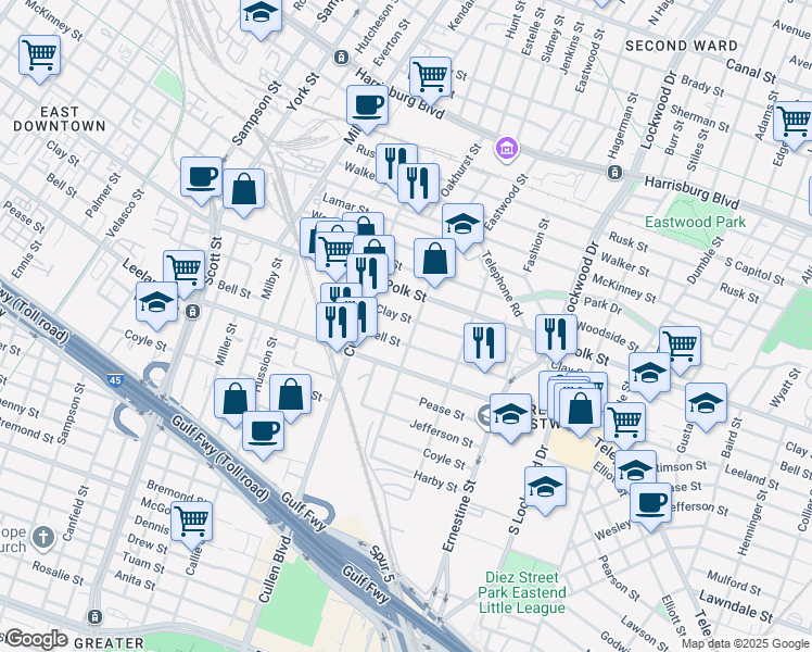 map of restaurants, bars, coffee shops, grocery stores, and more near 1305 Sidney Street in Houston