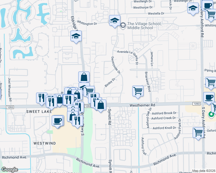 map of restaurants, bars, coffee shops, grocery stores, and more near 2250 Foreland Drive in Houston