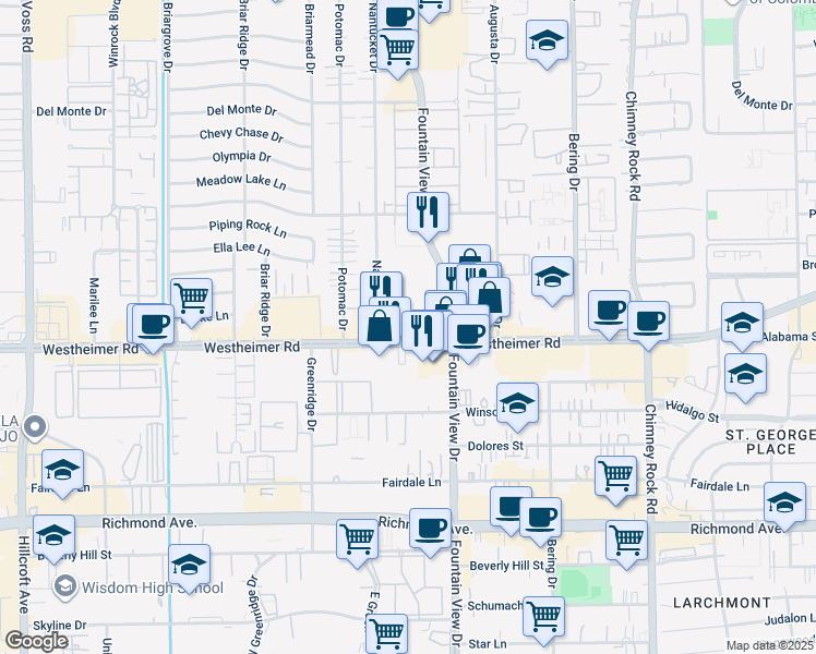 map of restaurants, bars, coffee shops, grocery stores, and more near 2660 Fountain View Drive in Houston