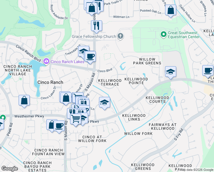 map of restaurants, bars, coffee shops, grocery stores, and more near 21818 Moortown Circle in Katy