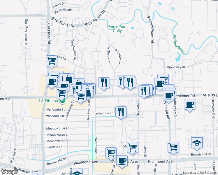 map of restaurants, bars, coffee shops, grocery stores, and more near 11 West Shady Lane in Houston