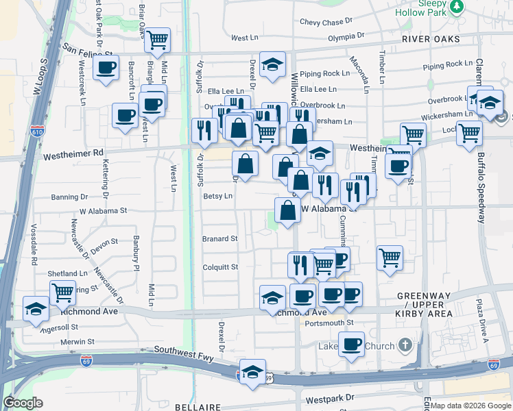 map of restaurants, bars, coffee shops, grocery stores, and more near 3919 Essex Lane in Houston