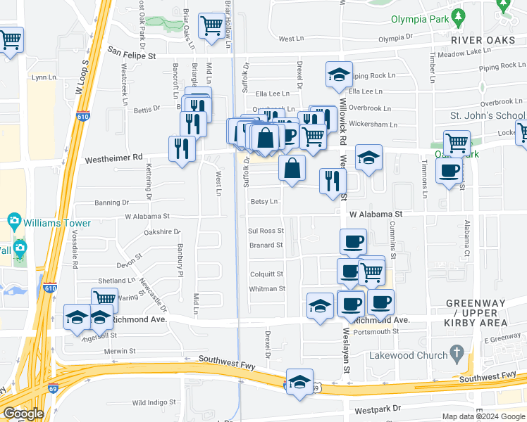 map of restaurants, bars, coffee shops, grocery stores, and more near 4018 West Alabama Street in Houston