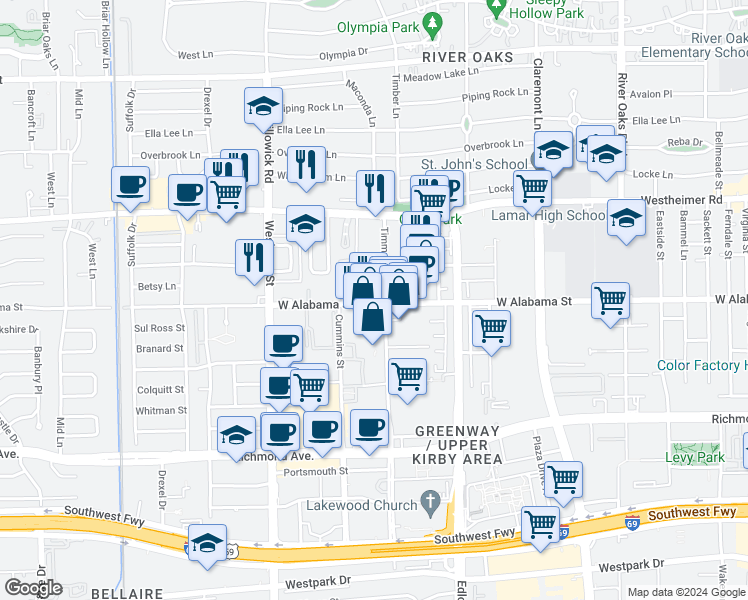 map of restaurants, bars, coffee shops, grocery stores, and more near 3720 West Alabama Street in Houston