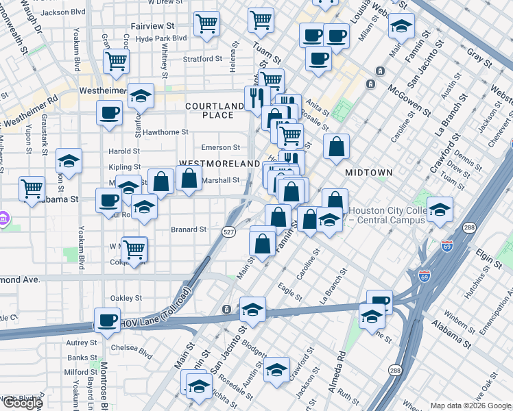 map of restaurants, bars, coffee shops, grocery stores, and more near 880 Alabama Street in Houston