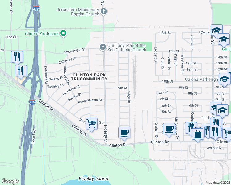 map of restaurants, bars, coffee shops, grocery stores, and more near 419 Bolden Street in Houston