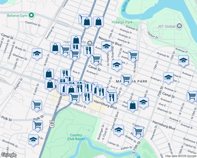 map of restaurants, bars, coffee shops, grocery stores, and more near 6944 Avenue F in Houston
