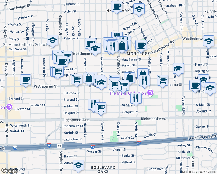 map of restaurants, bars, coffee shops, grocery stores, and more near 1722 West Alabama Street in Houston