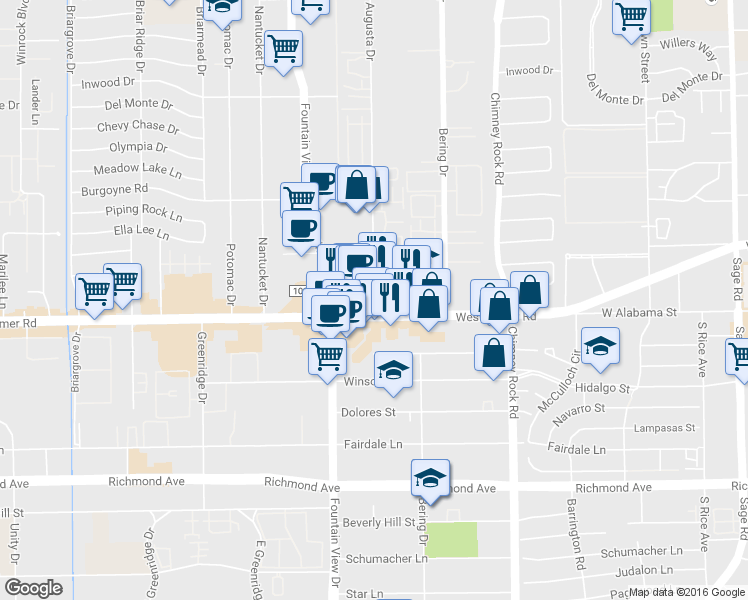 map of restaurants, bars, coffee shops, grocery stores, and more near 2663 Augusta Drive in Houston