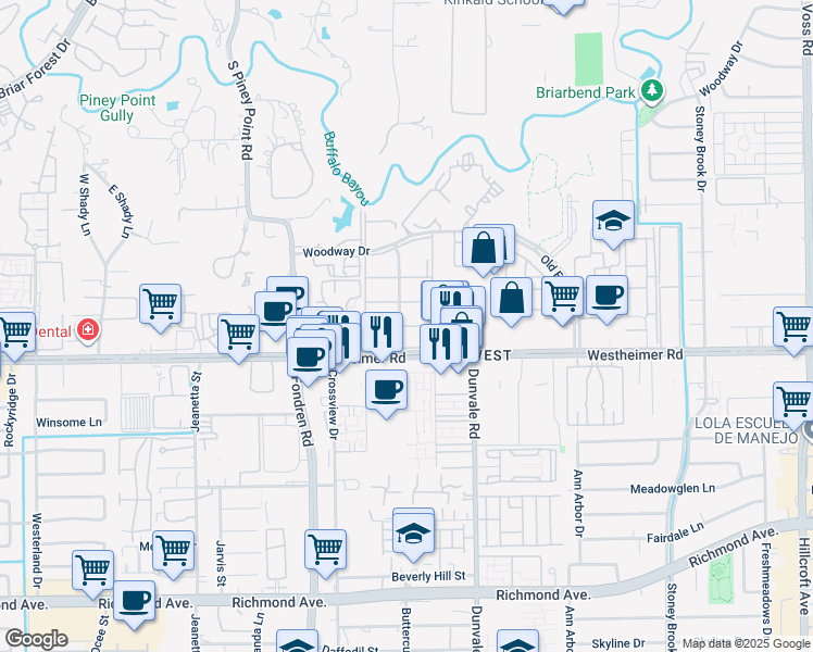 map of restaurants, bars, coffee shops, grocery stores, and more near 2601 Lazy Hollow Drive in Houston