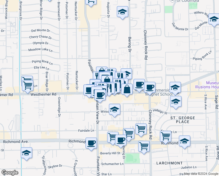 map of restaurants, bars, coffee shops, grocery stores, and more near 2663 Augusta Drive in Houston