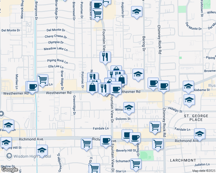 map of restaurants, bars, coffee shops, grocery stores, and more near 2650 Fountain View Drive in Houston