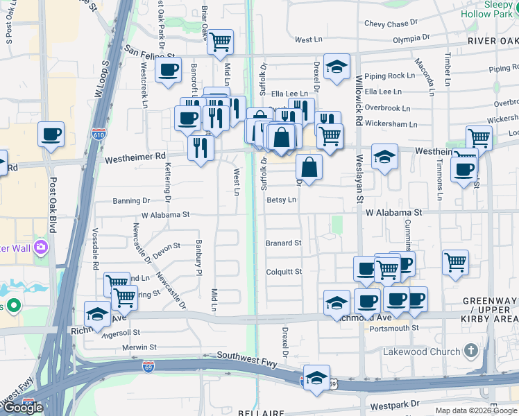 map of restaurants, bars, coffee shops, grocery stores, and more near 2914 Suffolk Drive in Houston