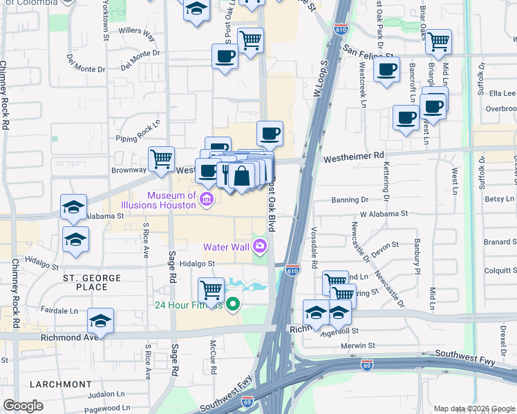 map of restaurants, bars, coffee shops, grocery stores, and more near 2600 Post Oak Boulevard in Houston