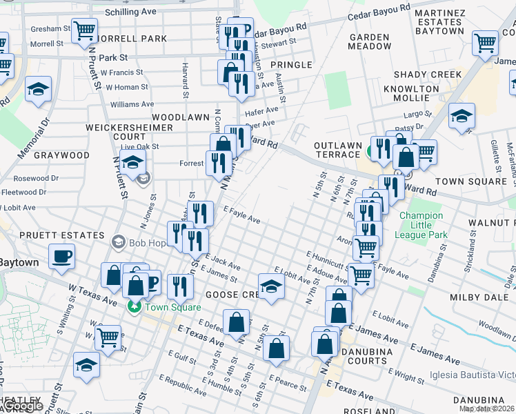 map of restaurants, bars, coffee shops, grocery stores, and more near 1030 North 2nd Street in Baytown