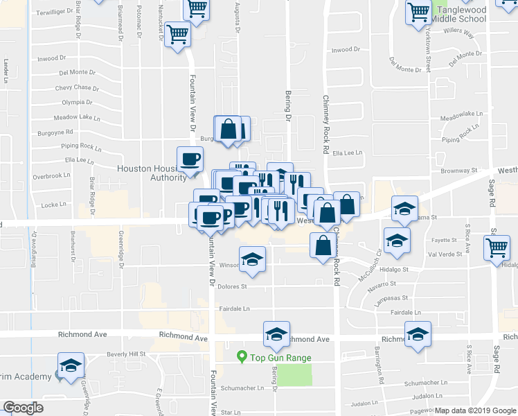 map of restaurants, bars, coffee shops, grocery stores, and more near 5830 Westheimer Road in Houston