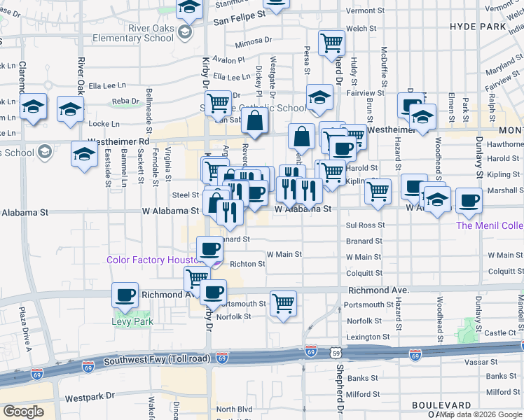 map of restaurants, bars, coffee shops, grocery stores, and more near 2305 Steel Street in Houston