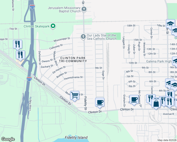 map of restaurants, bars, coffee shops, grocery stores, and more near 419 Bolden Street in Houston