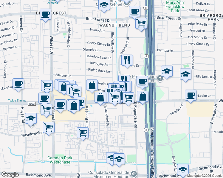 map of restaurants, bars, coffee shops, grocery stores, and more near 10607 Overbrook Lane in Houston