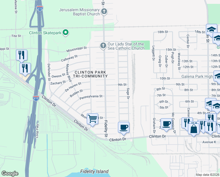 map of restaurants, bars, coffee shops, grocery stores, and more near 419 Bolden Street in Houston