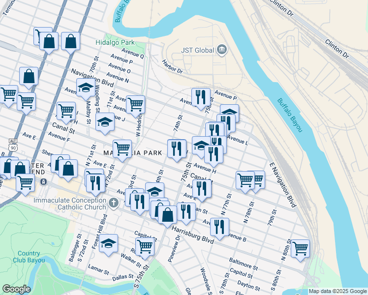 map of restaurants, bars, coffee shops, grocery stores, and more near 7427 Avenue J in Houston
