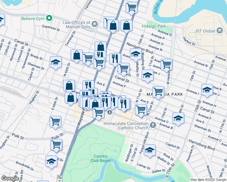 map of restaurants, bars, coffee shops, grocery stores, and more near 6911 Avenue E in Houston