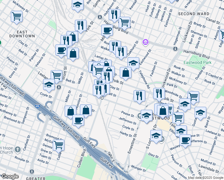 map of restaurants, bars, coffee shops, grocery stores, and more near 4113 Clay Street in Houston