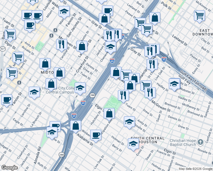 map of restaurants, bars, coffee shops, grocery stores, and more near 2016 Dennis Street in Houston