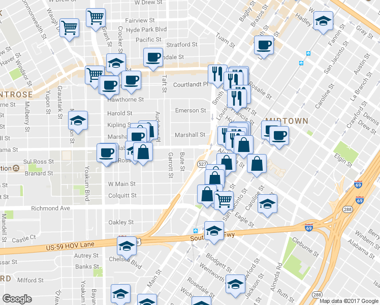 map of restaurants, bars, coffee shops, grocery stores, and more near 230 West Alabama Street in Houston