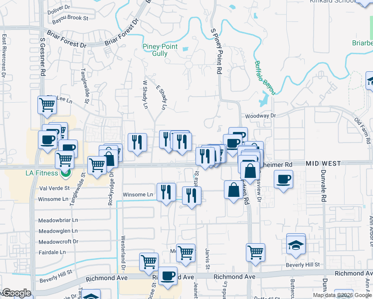 map of restaurants, bars, coffee shops, grocery stores, and more near 9200 Westheimer Road in Houston