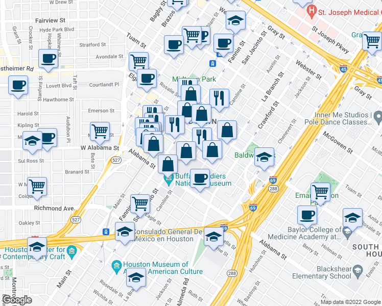 map of restaurants, bars, coffee shops, grocery stores, and more near 1215 Holman Street in Houston
